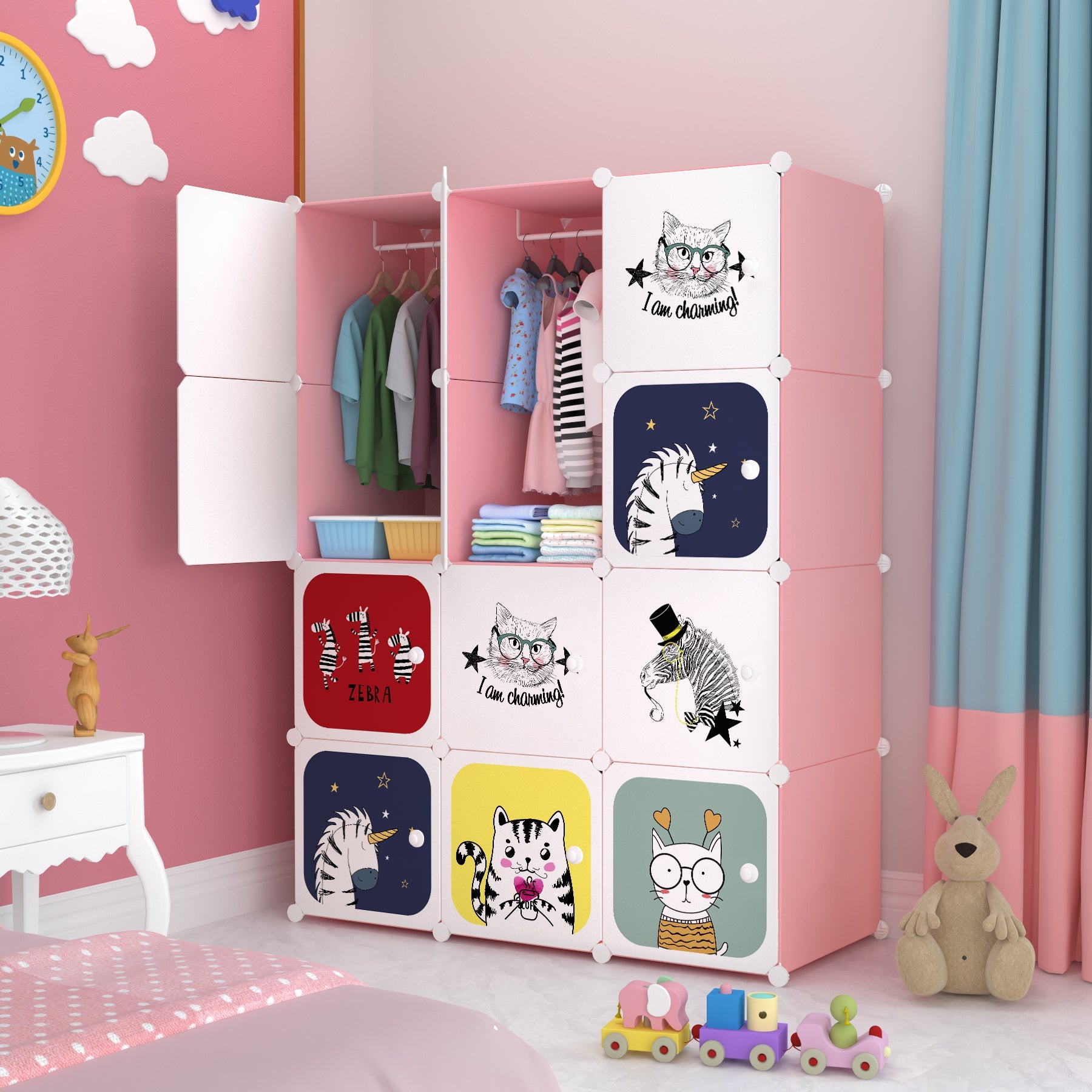 Dulap modular pentru copii, Alb/Roz, AT PERFORMANCE®, 12 rafturi, durabil  110X37X147 cm